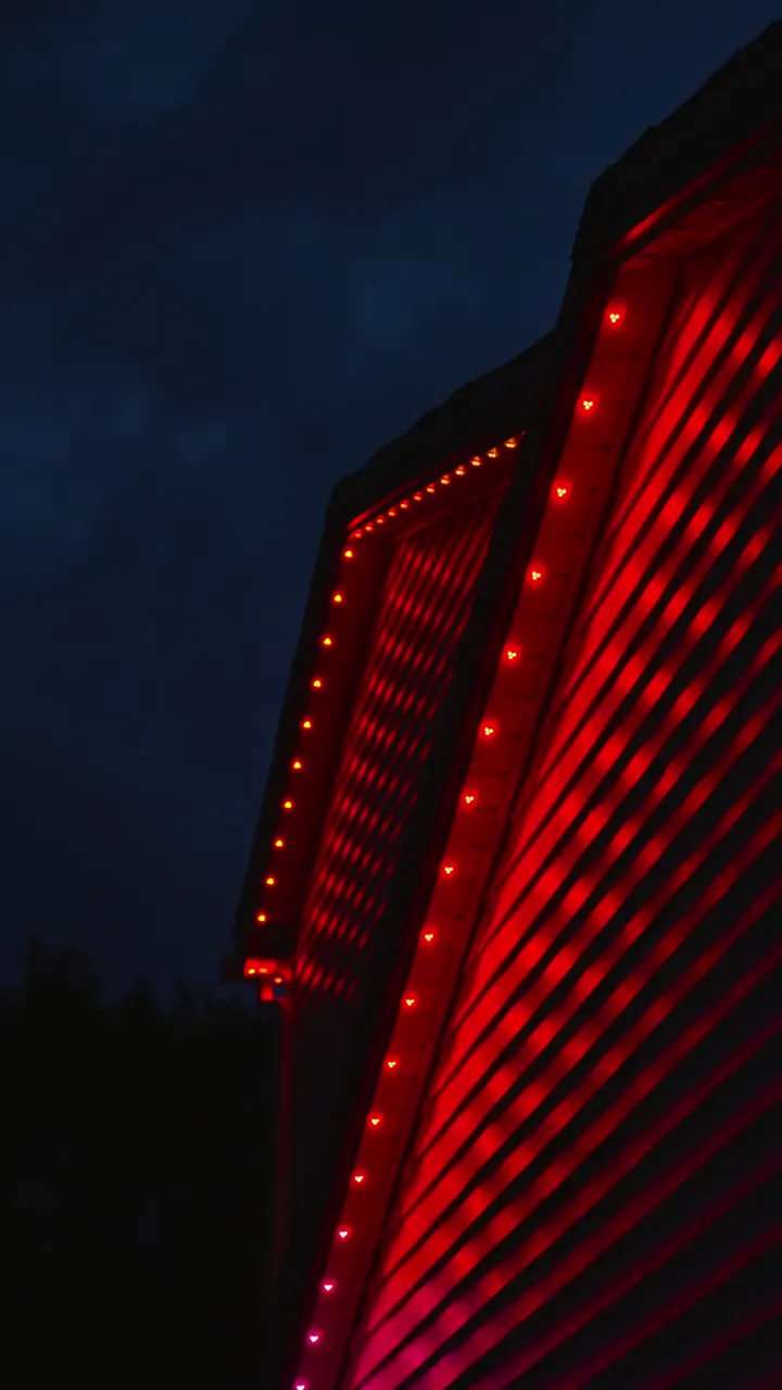 The Tudor gable lit solid red at night